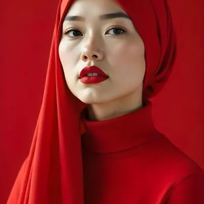 An Asian Woman 23 Years Old With Light Skin And Red Lipstick Wearing A Red Headscarf And A Red Turtleneck In A Red Background 25 Efe2