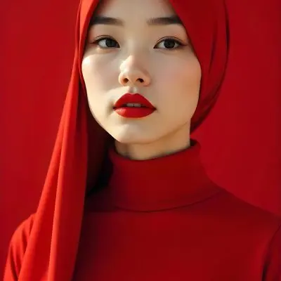 An Asian Woman 23 Years Old With Light Skin And Red Lipstick Wearing A Red Headscarf And A Red Turtleneck In A Red Background 27 9e91