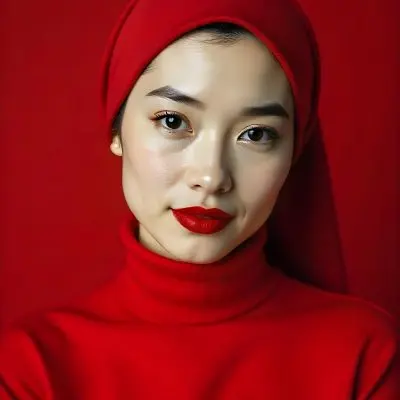 An Asian Woman 23 Years Old With Light Skin And Red Lipstick Wearing A Red Headscarf And A Red Turtleneck In A Red Background 29 B931