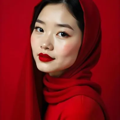 An Asian Woman 23 Years Old With Light Skin And Red Lipstick Wearing A Red Headscarf And A Red Turtleneck In A Red Background 4 1f25
