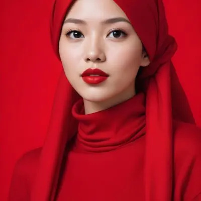 An Asian Woman 23 Years Old With Light Skin And Red Lipstick Wearing A Red Headscarf And A Red Turtleneck In A Red Background 9 641d