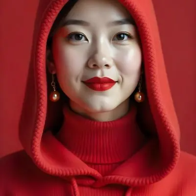 An Asian Woman 23 Years Old With Light Skin And Red Lipstick Wearing A Red Hood And Golden Earrings Red Turtleneck Sweater In A Red Background 12 D5bf
