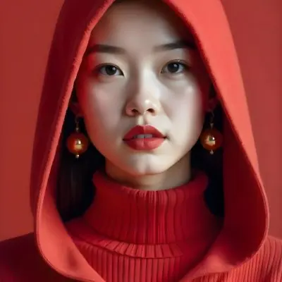 An Asian Woman 23 Years Old With Light Skin And Red Lipstick Wearing A Red Hood And Golden Earrings Red Turtleneck Sweater In A Red Background 16 8ba9