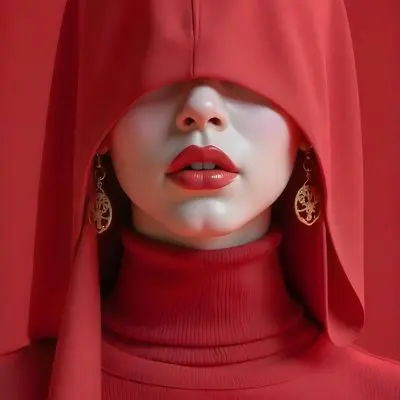 An Asian Woman 23 Years Old With Light Skin And Red Lipstick Wearing A Red Hood And Golden Earrings Red Turtleneck Sweater In A Red Background 19 B357
