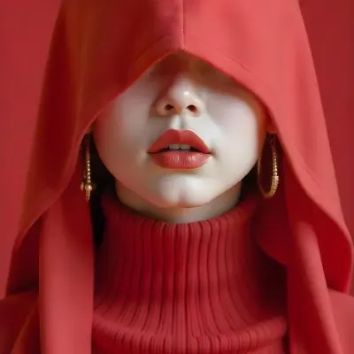 An Asian Woman 23 Years Old With Light Skin And Red Lipstick Wearing A Red Hood And Golden Earrings Red Turtleneck Sweater In A Red Background 21 3e06