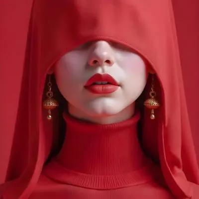 An Asian Woman 23 Years Old With Light Skin And Red Lipstick Wearing A Red Hood And Golden Earrings Red Turtleneck Sweater In A Red Background 25 4bf1