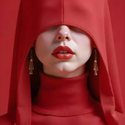 An Asian Woman 23 Years Old With Light Skin And Red Lipstick Wearing A Red Hood And Golden Earrings Red Turtleneck Sweater In A Red Background 26 7768