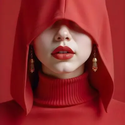 An Asian Woman 23 Years Old With Light Skin And Red Lipstick Wearing A Red Hood And Golden Earrings Red Turtleneck Sweater In A Red Background 27 899f