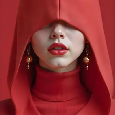 An Asian Woman 23 Years Old With Light Skin And Red Lipstick Wearing A Red Hood And Golden Earrings Red Turtleneck Sweater In A Red Background 30 Ad5e