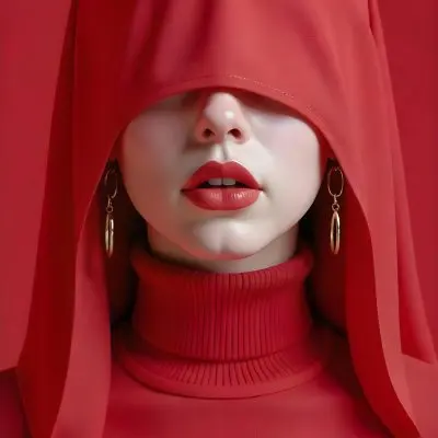 An Asian Woman 23 Years Old With Light Skin And Red Lipstick Wearing A Red Hood And Golden Earrings Red Turtleneck Sweater In A Red Background 5 3dda