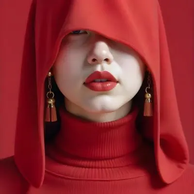 An Asian Woman 23 Years Old With Light Skin And Red Lipstick Wearing A Red Hood And Golden Earrings Red Turtleneck Sweater In A Red Background 7 3cae