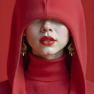 An Asian Woman 23 Years Old With Light Skin And Red Lipstick Wearing A Red Hood And Golden Earrings Red Turtleneck Sweater In A Red Background 9 11a3