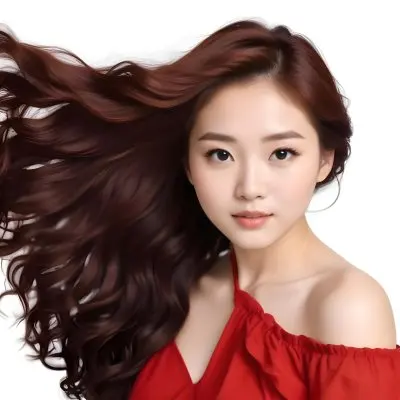 An Asian Woman 23 Years Old With Long Red Wavy Hair Wearing A White Dress Posing In A White Studio 13 5f57