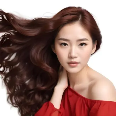 An Asian Woman 23 Years Old With Long Red Wavy Hair Wearing A White Dress Posing In A White Studio 16 124d