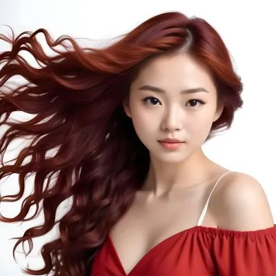 An Asian Woman 23 Years Old With Long Red Wavy Hair Wearing A White Dress Posing In A White Studio 28 4bb9