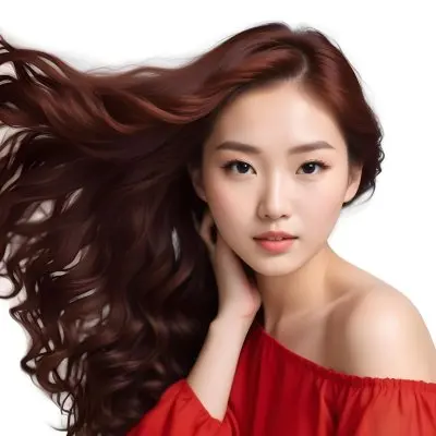 An Asian Woman 23 Years Old With Long Red Wavy Hair Wearing A White Dress Posing In A White Studio 31 B5ae