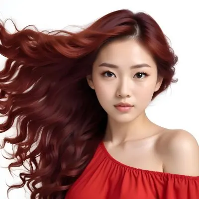 An Asian Woman 23 Years Old With Long Red Wavy Hair Wearing A White Dress Posing In A White Studio 35 80a7