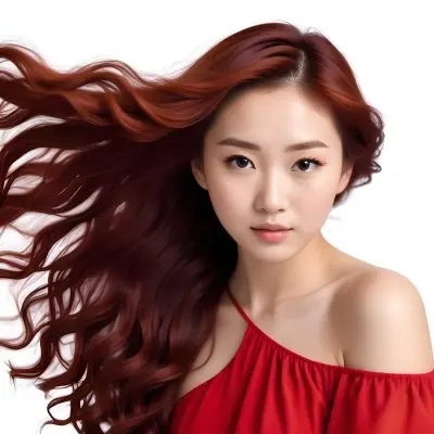 An Asian Woman 23 Years Old With Long Red Wavy Hair Wearing A White Dress Posing In A White Studio 39 0de1