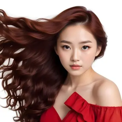 An Asian Woman 23 Years Old With Long Red Wavy Hair Wearing A White Dress Posing In A White Studio 41 070b