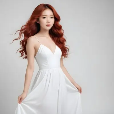 An Asian Woman 23 Years Old With Long Red Wavy Hair Wearing A White Dress Posing In A White Studio 43 39f1