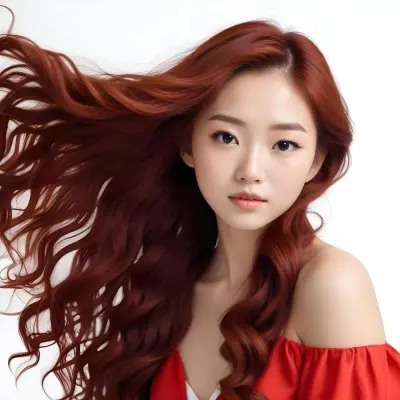 An Asian Woman 23 Years Old With Long Red Wavy Hair Wearing A White Dress Posing In A White Studio 9 6ec4