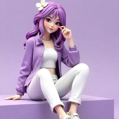 An Asian Woman 23 Years Old With Purple Hair And White Flowers Wearing A Purple Jacket And White Jeans Sitting On A Purple Surface In A Purple Background 11 87d7