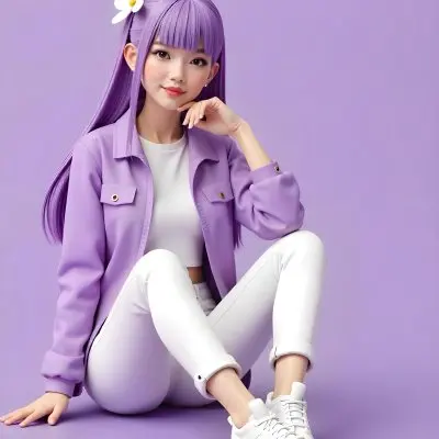 An Asian Woman 23 Years Old With Purple Hair And White Flowers Wearing A Purple Jacket And White Jeans Sitting On A Purple Surface In A Purple Background 5 E7da