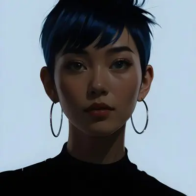 An Asian Woman 23 Years Old With Short Blue Hair And Hoop Earrings Half Of The Face Is In The Shadows Light Blue Background 24 1eaa
