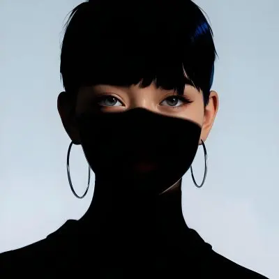 An Asian Woman 23 Years Old With Short Blue Hair And Hoop Earrings Half Of The Face Is In The Shadows Light Blue Background 4 6129