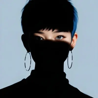 An Asian Woman 23 Years Old With Short Blue Hair And Hoop Earrings Half Of The Face Is In The Shadows Light Blue Background 6 C3a1