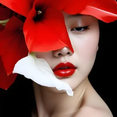 An Asian Woman 23 Years Old With White Lips And Closed Eyes Surrounded By Red And White Flowers In A Red Background 15 2be4