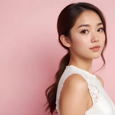 An Asian Woman 24 Years Old With Light Skin And Brown Hair Looking At The Camera Wearing A White Dress Pink Background 4 9aaf