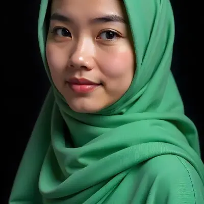 An Asian Woman 25 Years Old Light Skin Black Hair Wearing A Light Green Hijab In A Black Background 15 A89a