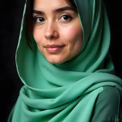 An Asian Woman 25 Years Old Light Skin Black Hair Wearing A Light Green Hijab In A Black Background 5 C4e5
