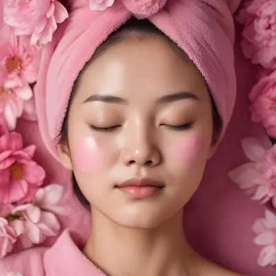 An Asian Woman 25 Years Old Pink Towel On Her Head And Pink Cream On Her Face Eyes Closed Pink Flowers Background 10 8b76