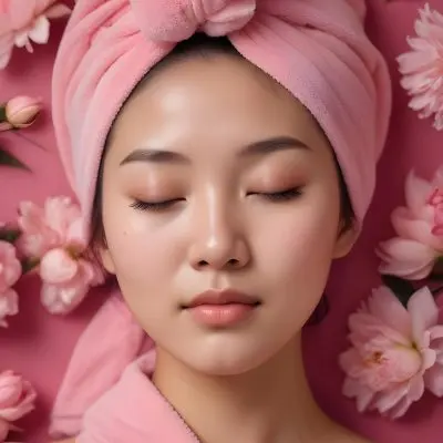 An Asian Woman 25 Years Old Pink Towel On Her Head And Pink Cream On Her Face Eyes Closed Pink Flowers Background 35 0266