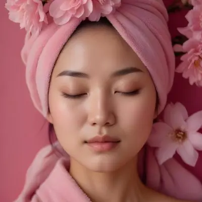 An Asian Woman 25 Years Old Pink Towel On Her Head And Pink Cream On Her Face Eyes Closed Pink Flowers Background 43 3faf