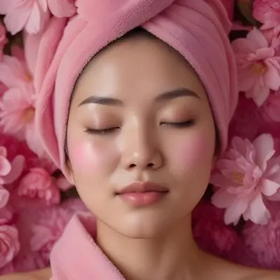 An Asian Woman 25 Years Old Pink Towel On Her Head And Pink Cream On Her Face Eyes Closed Pink Flowers Background 49 6a3b