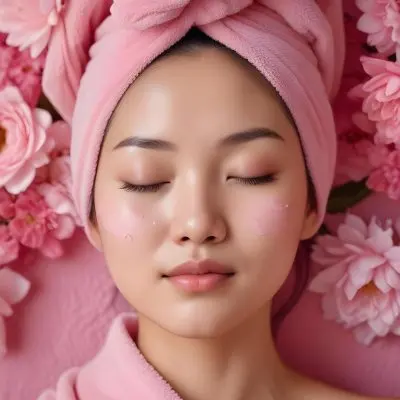 An Asian Woman 25 Years Old Pink Towel On Her Head And Pink Cream On Her Face Eyes Closed Pink Flowers Background 8 2627