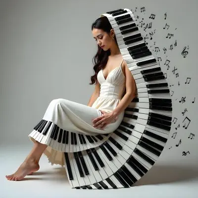 An Asian Woman 28 Years Old With A White Dress Made Of Piano Keys Musical Notes In The Background White Background 33 C4e0