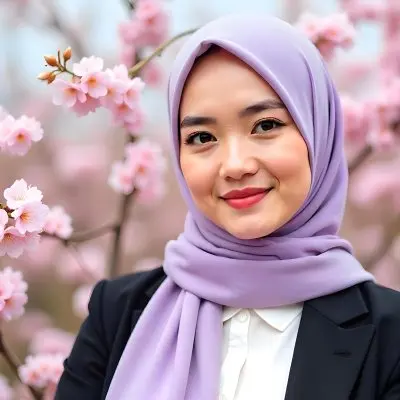 An Asian Woman With Black Eyes 24 Years Old Wearing A Lilac Hijab And A Black Suit Flowers Background 1 Ddce