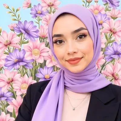 An Asian Woman With Black Eyes 24 Years Old Wearing A Lilac Hijab And A Black Suit Flowers Background 12 70b2