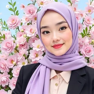 An Asian Woman With Black Eyes 24 Years Old Wearing A Lilac Hijab And A Black Suit Flowers Background 13 29c2