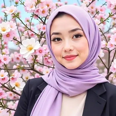 An Asian Woman With Black Eyes 24 Years Old Wearing A Lilac Hijab And A Black Suit Flowers Background 15 Ef6a