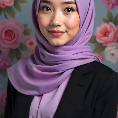 An Asian Woman With Black Eyes 24 Years Old Wearing A Lilac Hijab And A Black Suit Flowers Background 19 4057