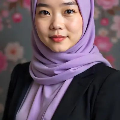 An Asian Woman With Black Eyes 24 Years Old Wearing A Lilac Hijab And A Black Suit Flowers Background 21 2119