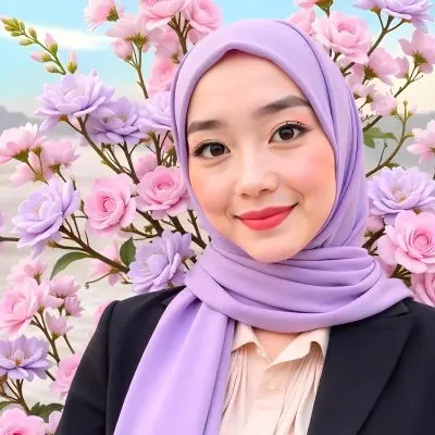 An Asian Woman With Black Eyes 24 Years Old Wearing A Lilac Hijab And A Black Suit Flowers Background 24 D5f2