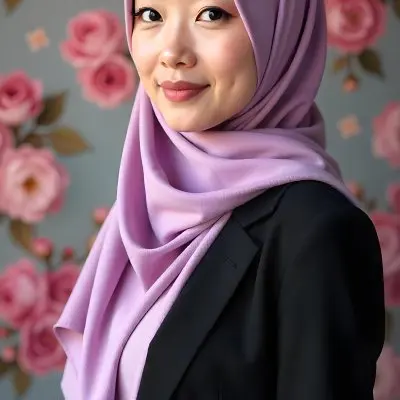 An Asian Woman With Black Eyes 24 Years Old Wearing A Lilac Hijab And A Black Suit Flowers Background 25 F74d