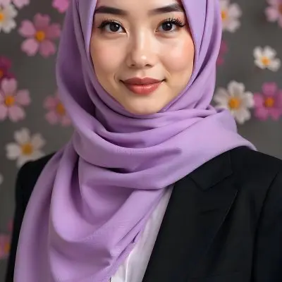 An Asian Woman With Black Eyes 24 Years Old Wearing A Lilac Hijab And A Black Suit Flowers Background 28 F2bb