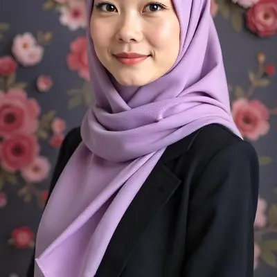 An Asian Woman With Black Eyes 24 Years Old Wearing A Lilac Hijab And A Black Suit Flowers Background 30 Cdcb